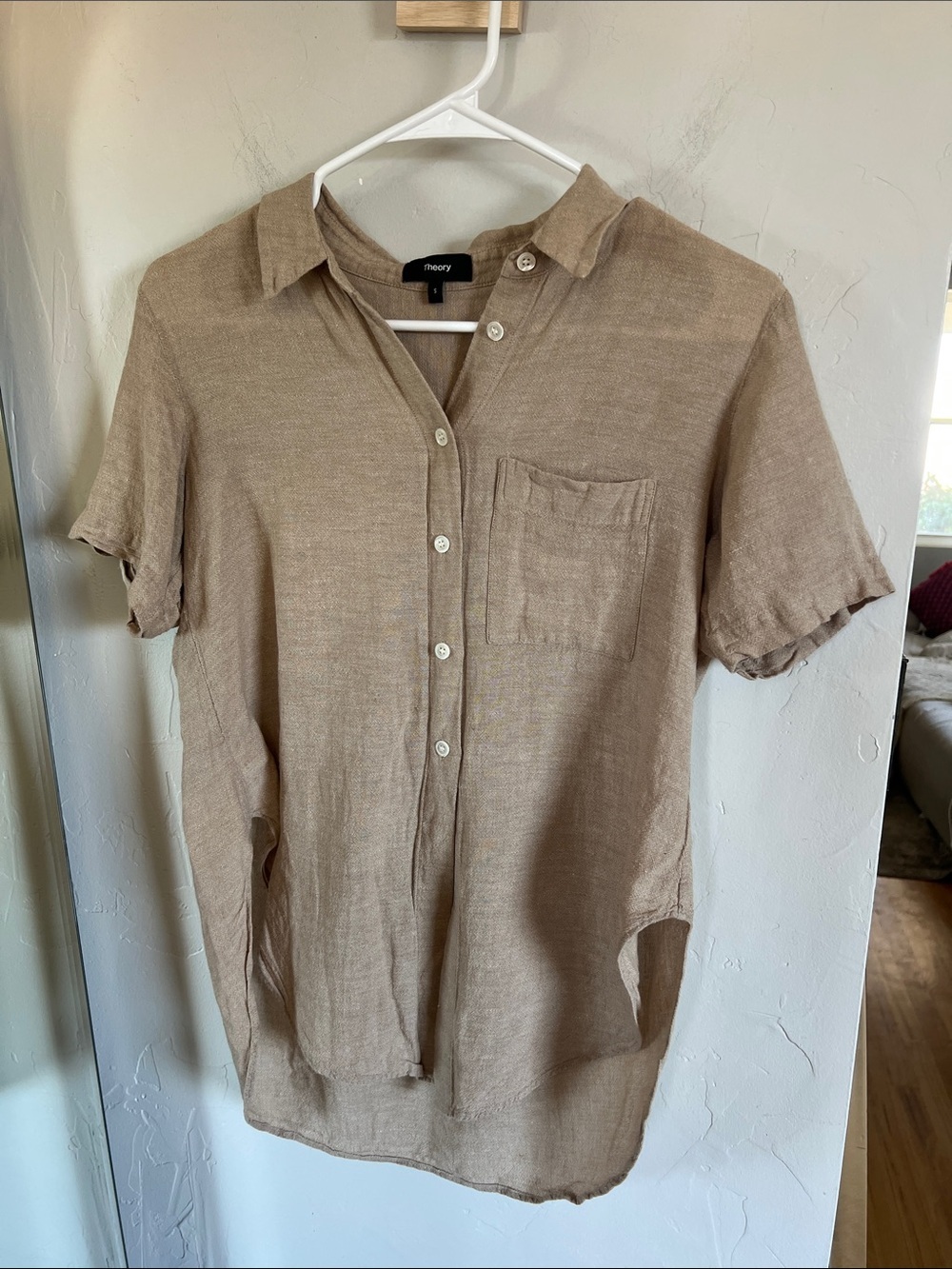 Theory Women's Short Sleeve Button-Down Shirt in Taupe - Picture 3 of 7